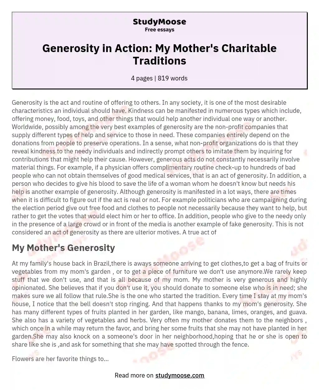 Generosity in Action My Mother's Charitable Traditions Free Essay Example