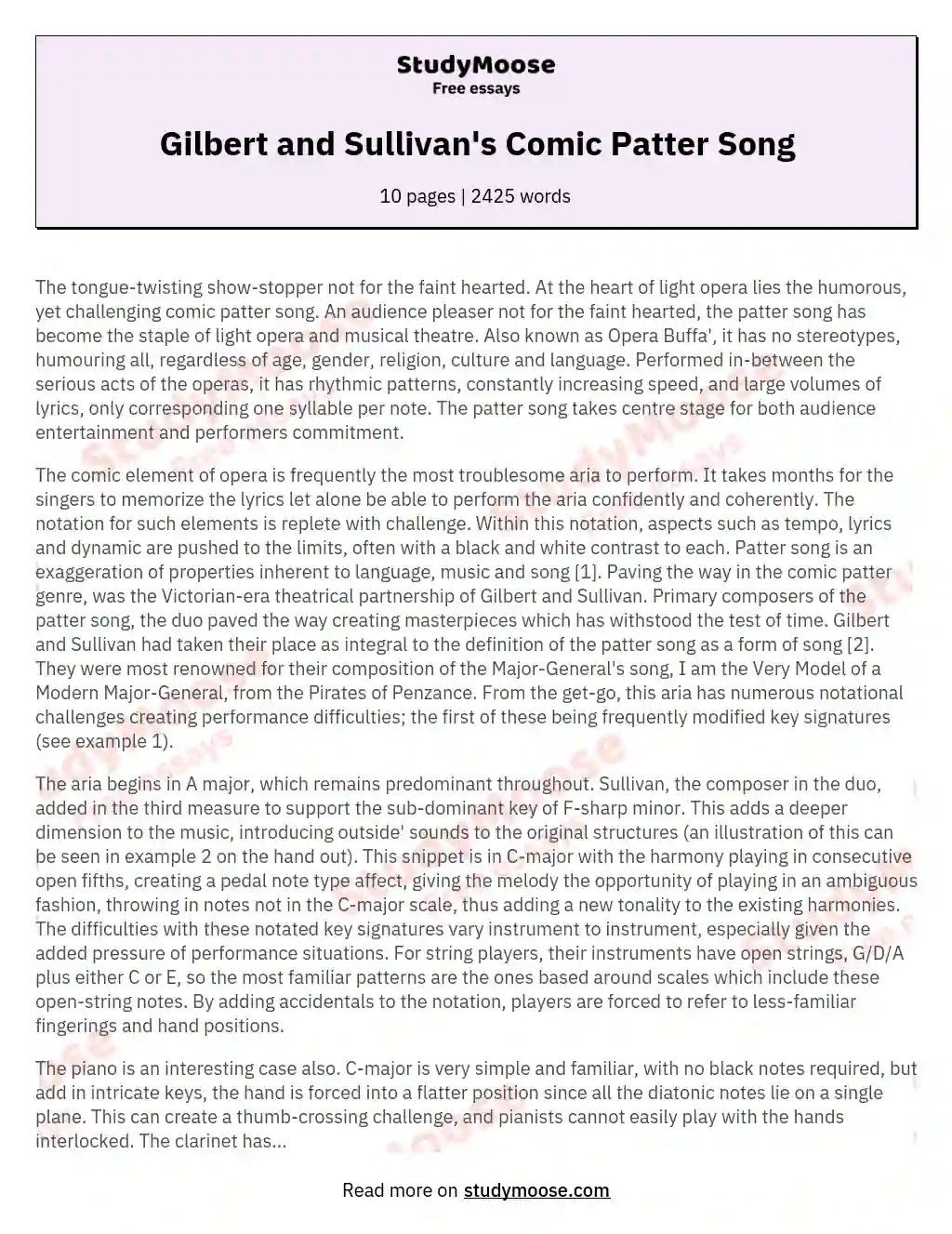 Gilbert and Sullivan's Comic Patter Song Free Essay Example