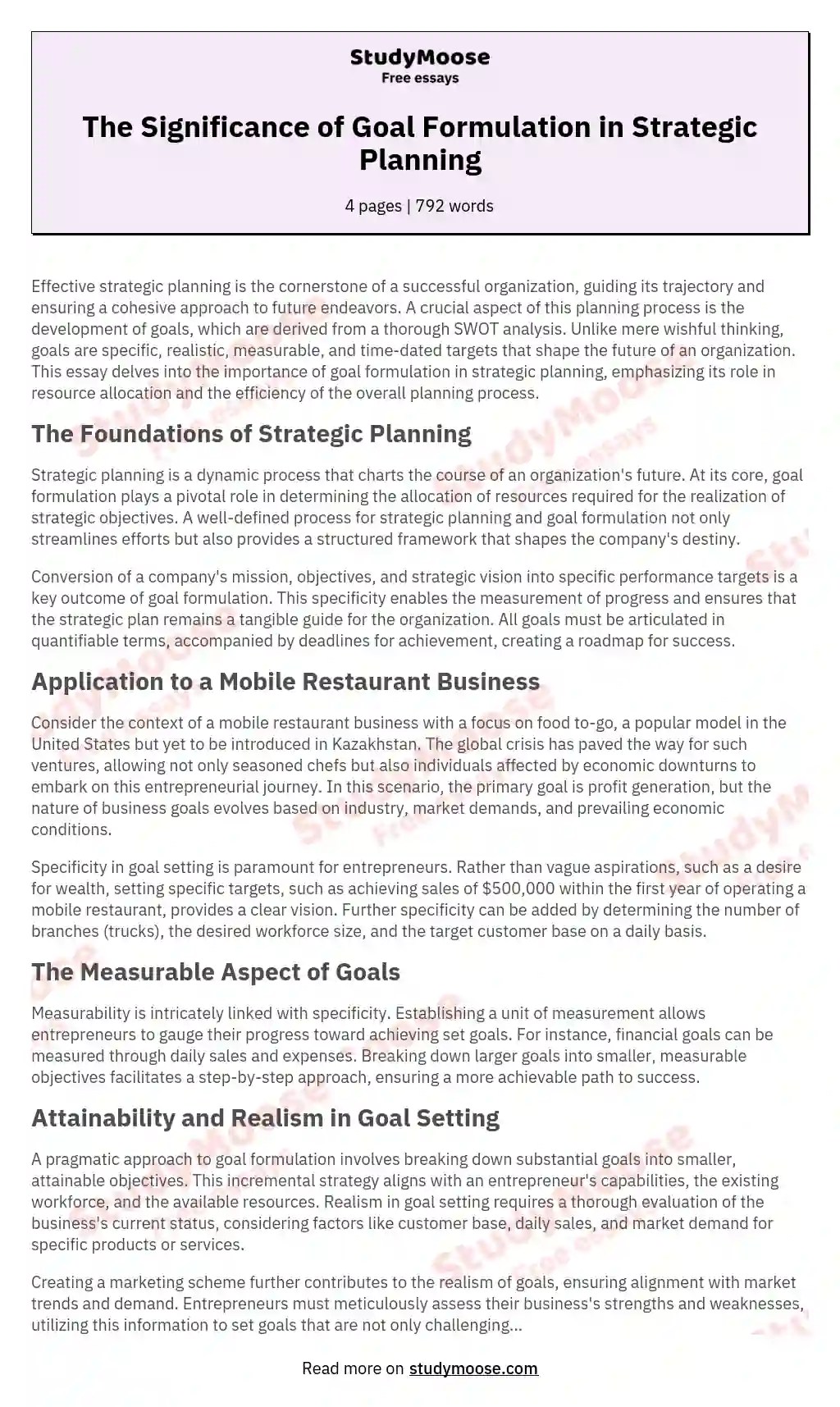 The Significance of Goal Formulation in Strategic Planning Free Essay Example