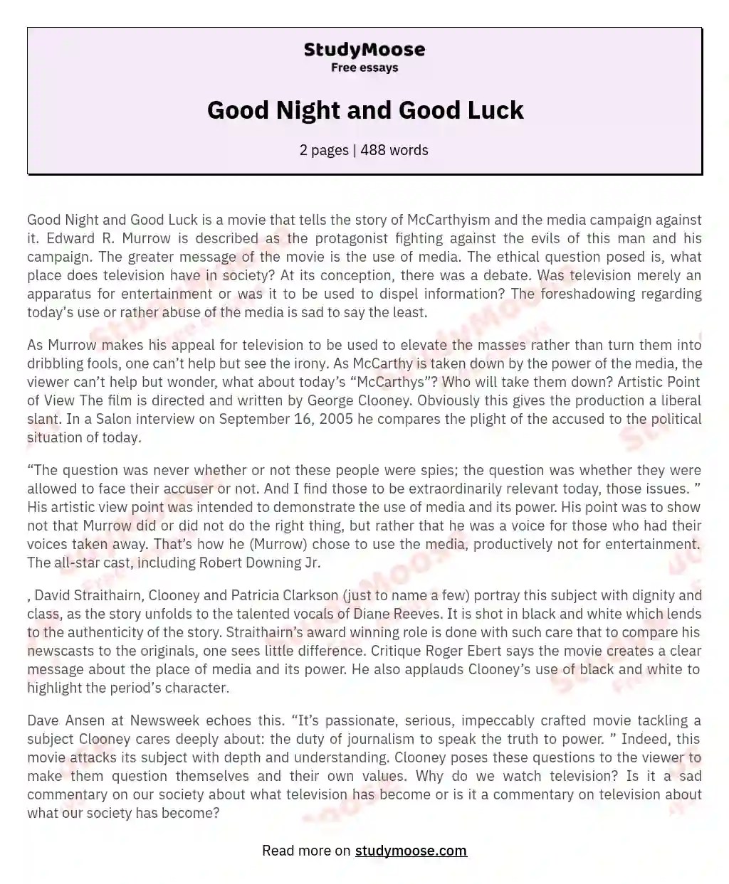 Good Night and Good Luck Free Essay Example