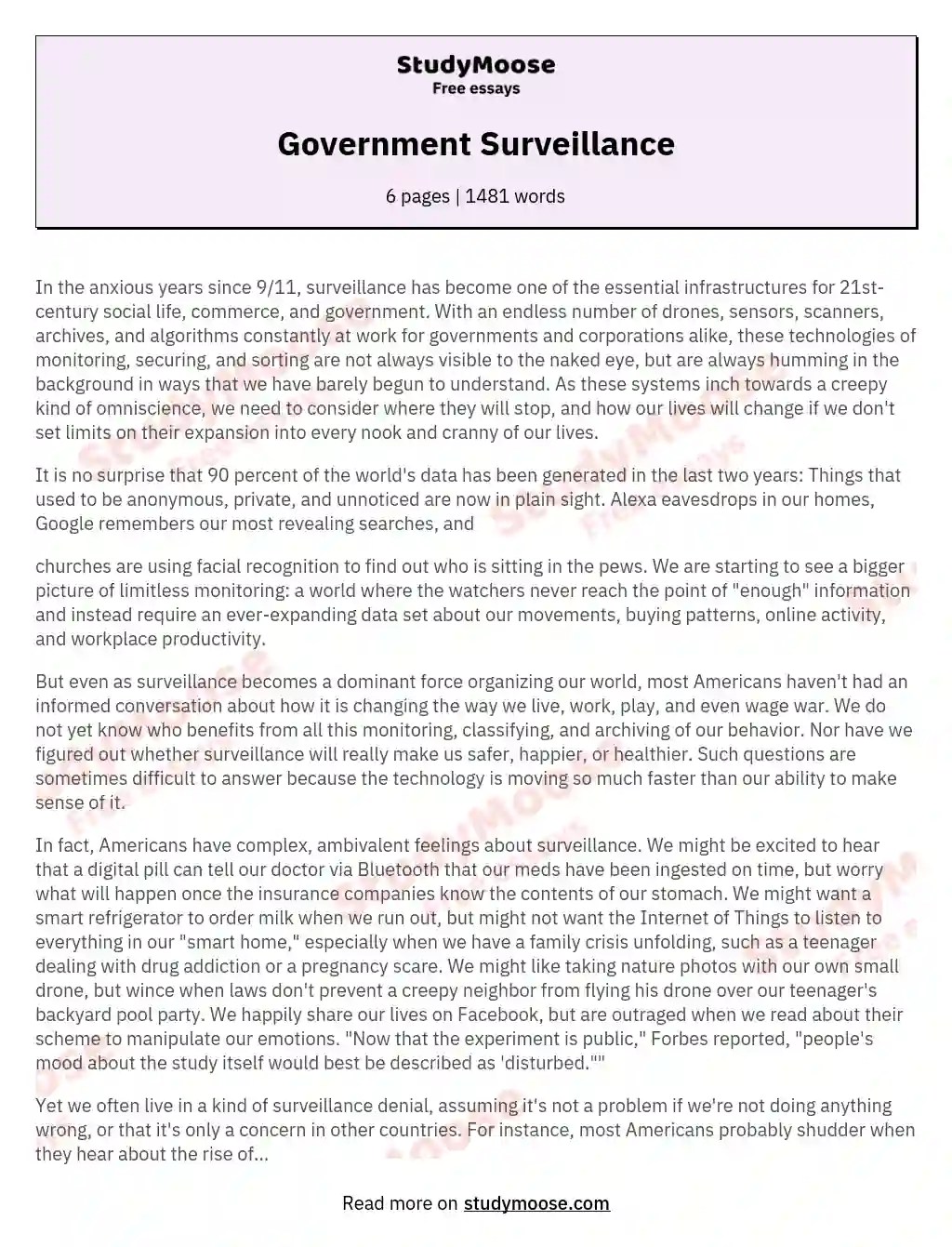 Government Surveillance Free Essay Example