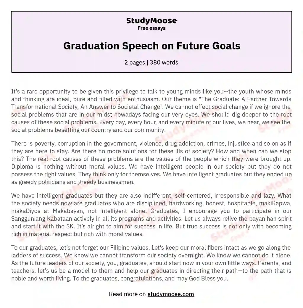 Graduation Speech on Future Goals Free Essay Example