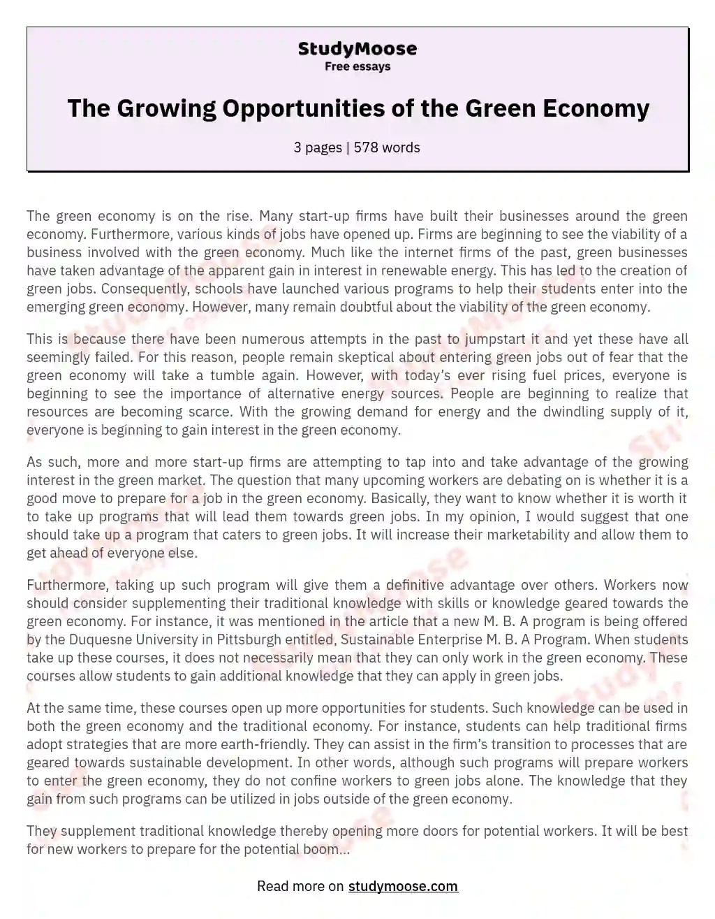 The Growing Opportunities of the Green Economy Free Essay Example