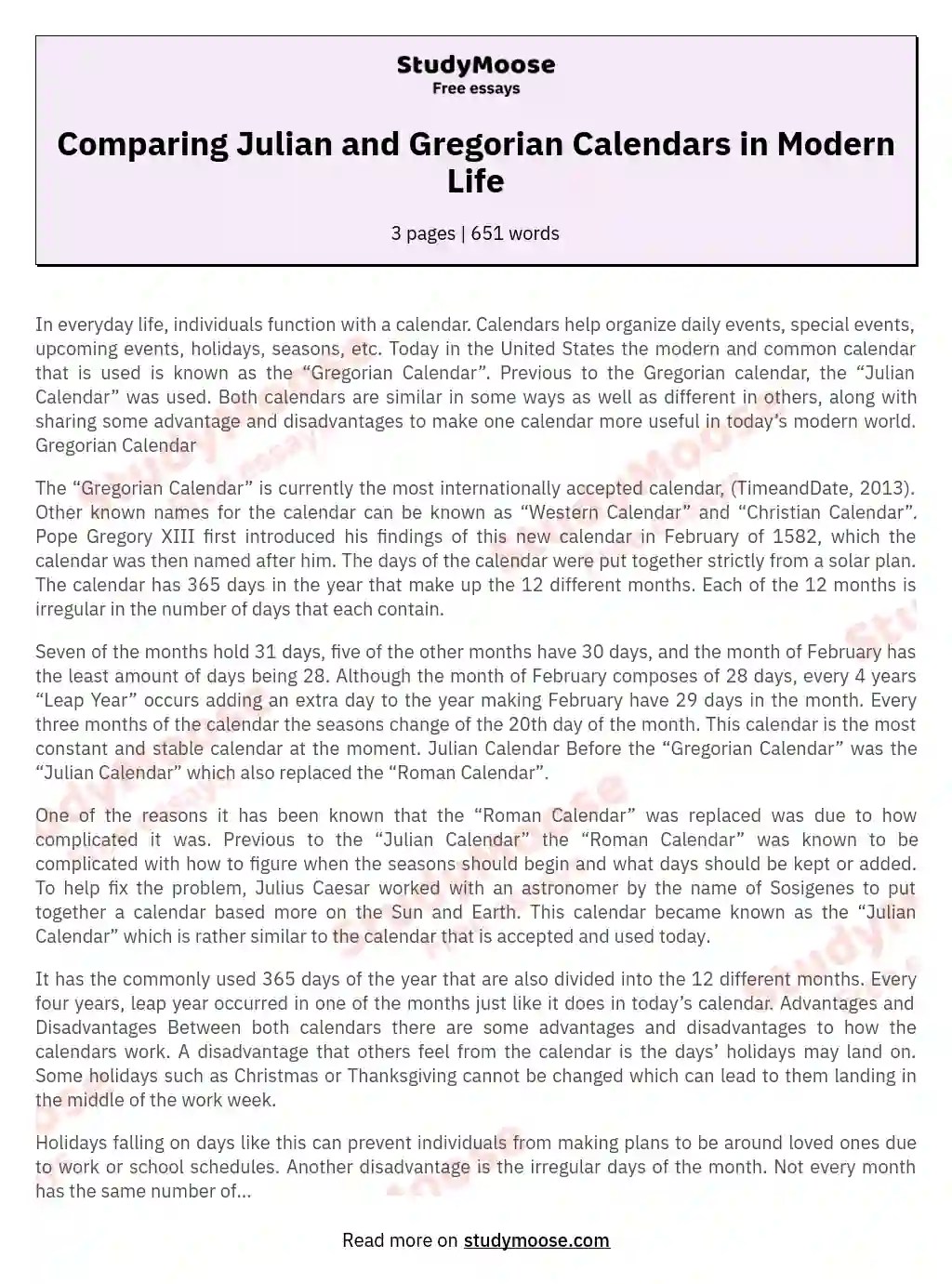 Comparing Julian and Gregorian Calendars in Modern Life Free Essay Example