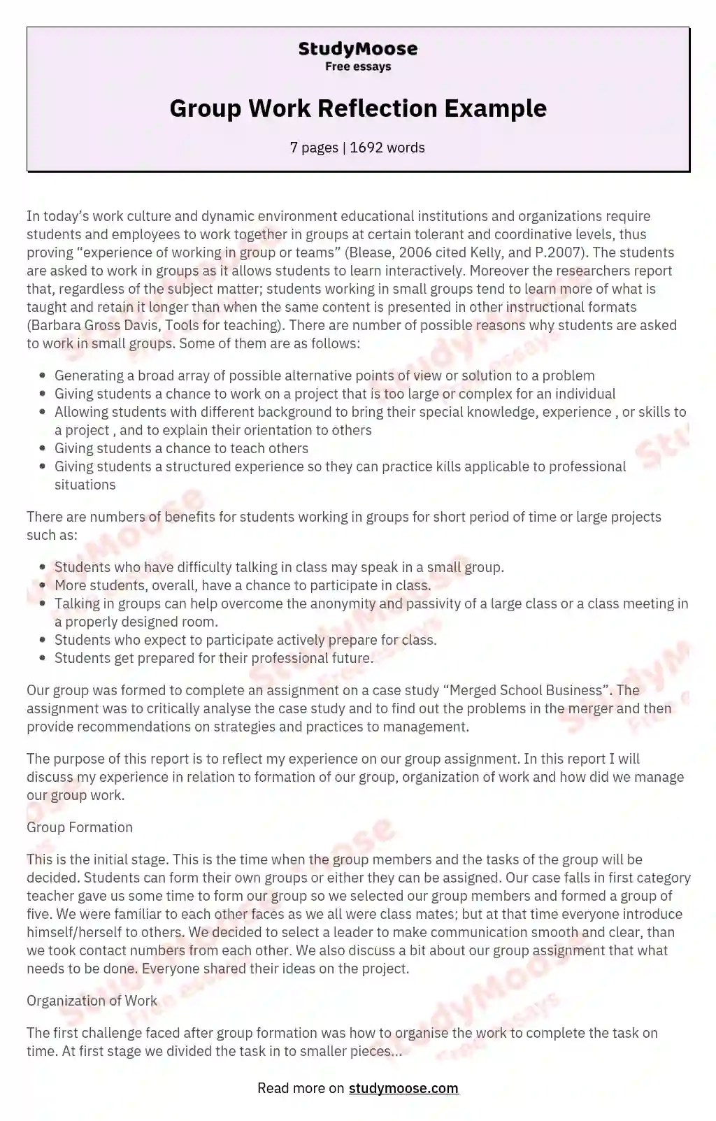 Group Work Reflection Example Free Essay Example