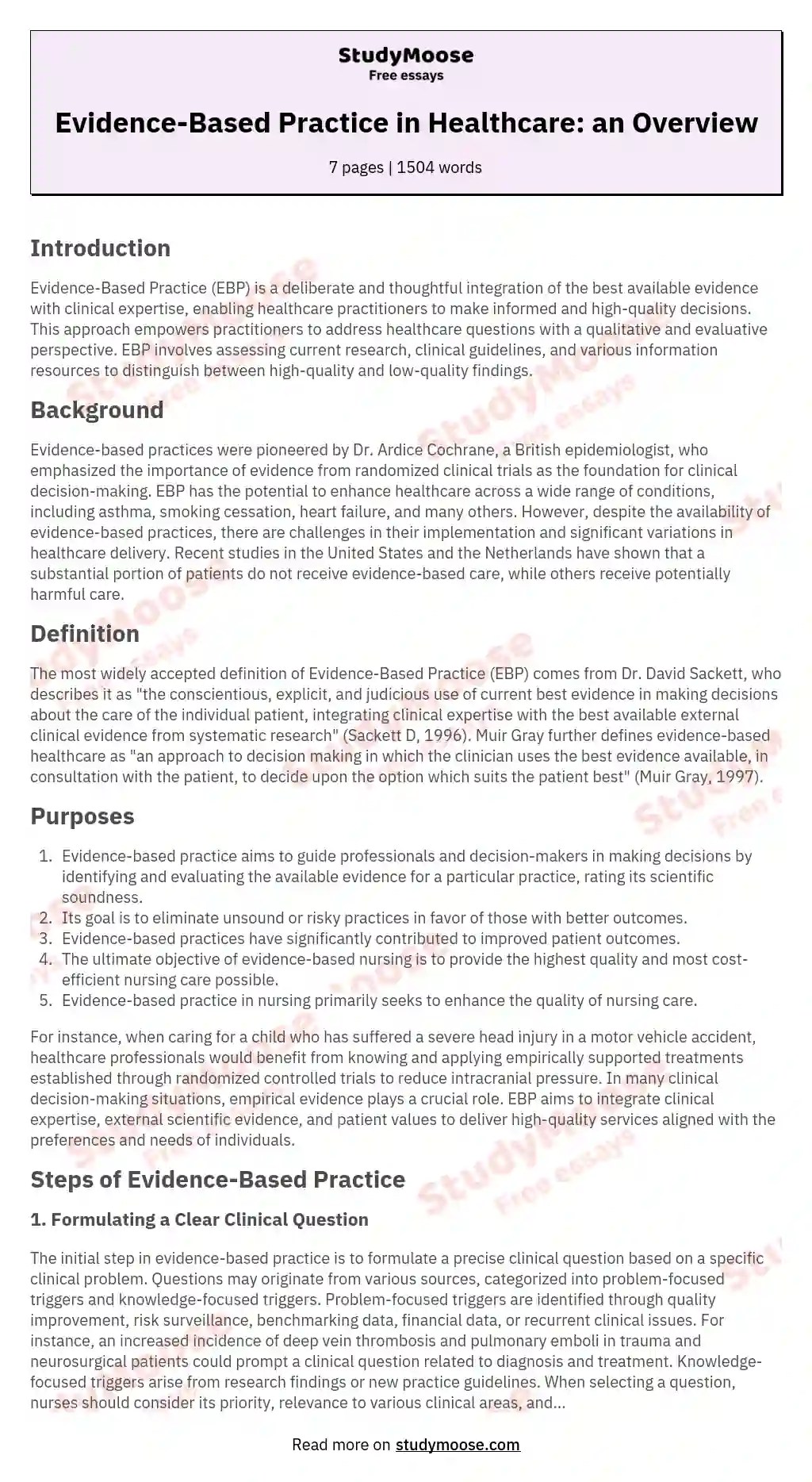 Guidance to Evidence Based Practice Free Essay Example