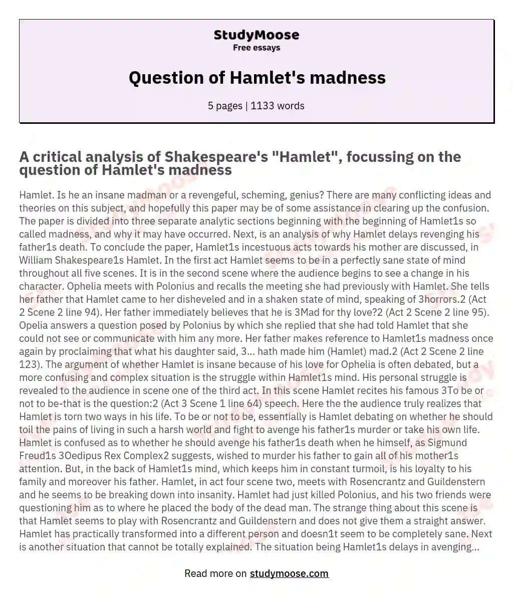 Question of Hamlet's madness Free Essay Example