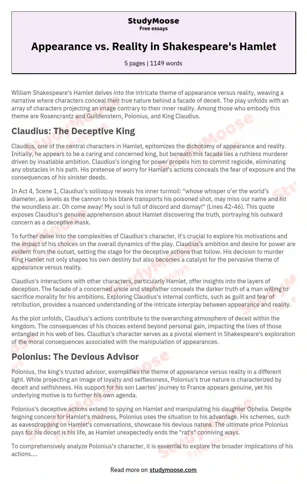 Appearance vs. Reality in Shakespeare's Hamlet Free Essay Example