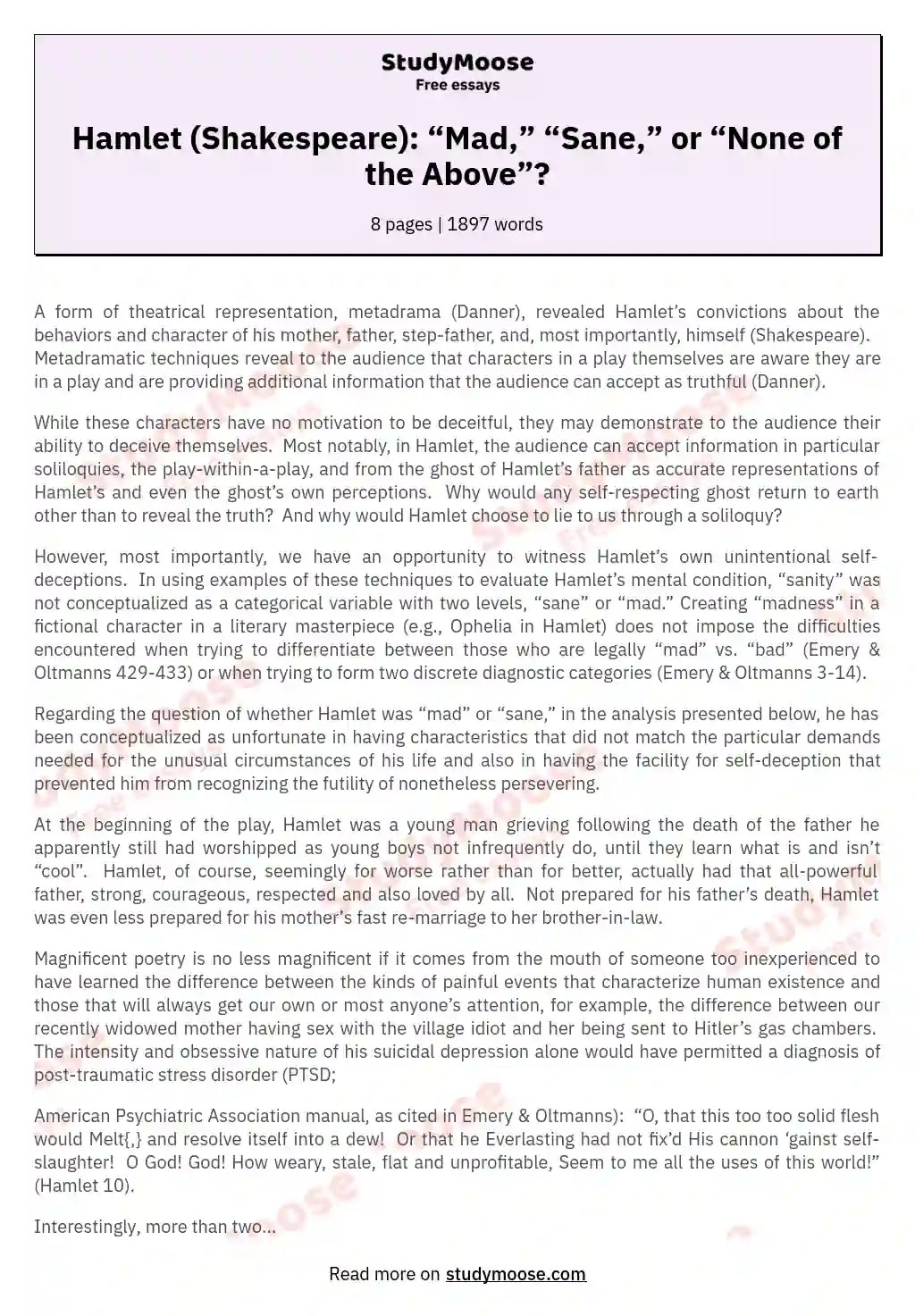 Hamlet (Shakespeare) “Mad,” “Sane,” or “None of the Above”? Free Essay