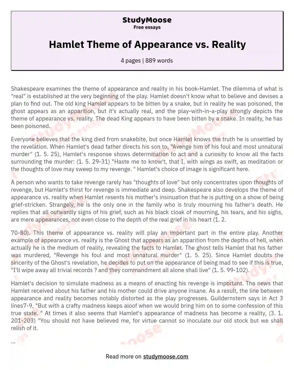 Hamlet Theme of Appearance vs. Reality Free comparison essay example