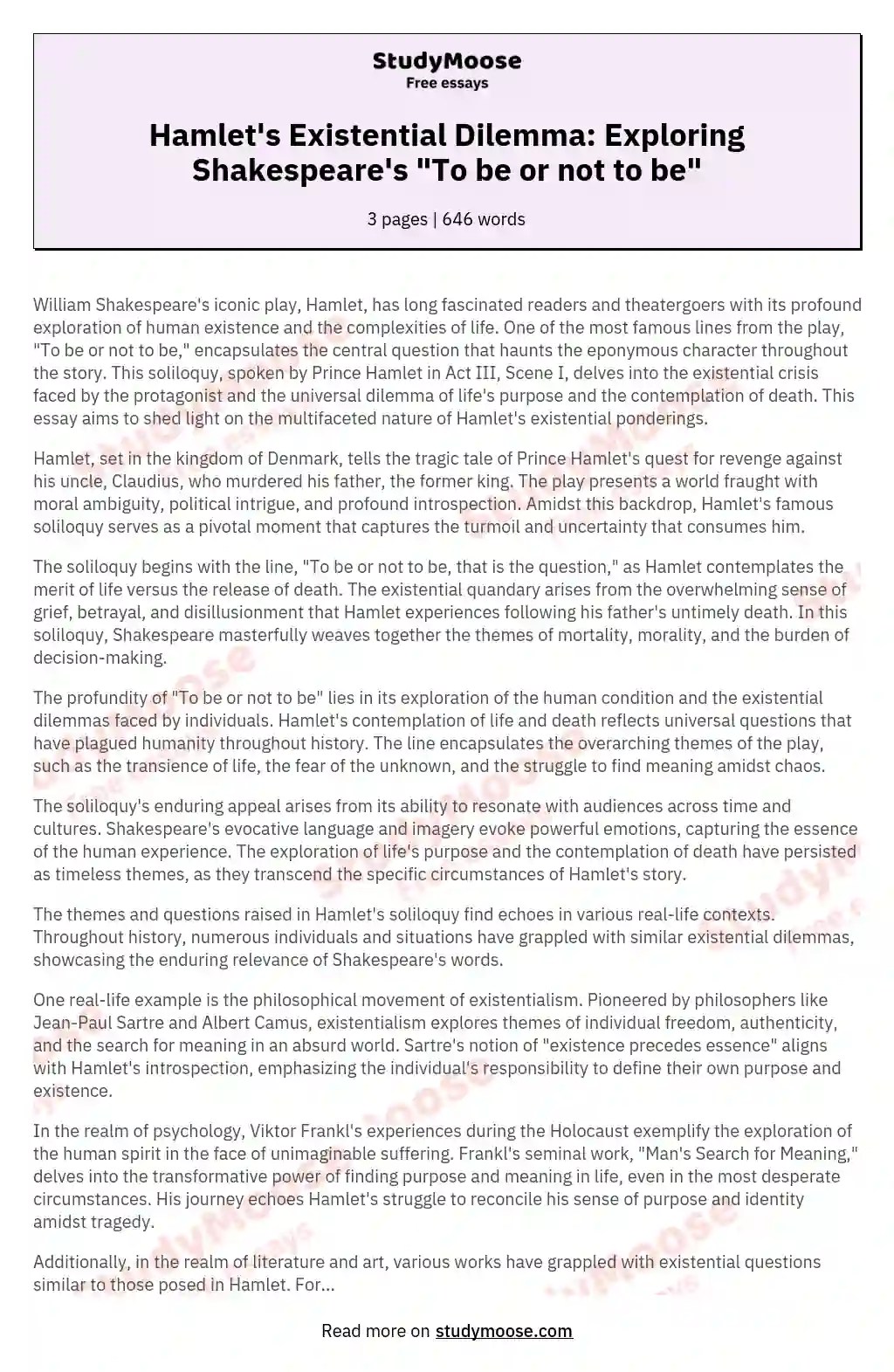 Hamlet's Existential Dilemma Exploring Shakespeare's "To be or not to