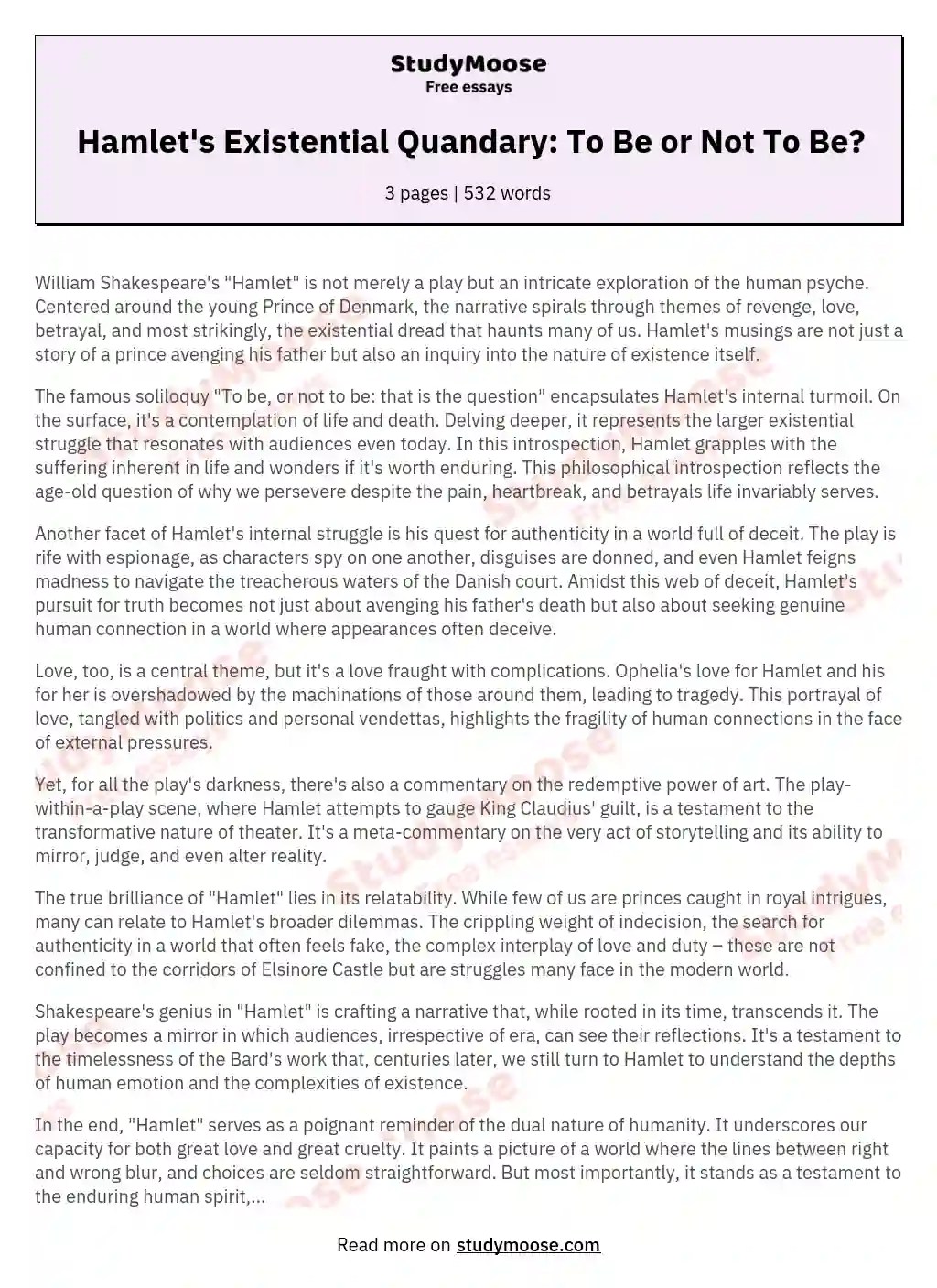 Hamlet's Existential Quandary To Be or Not To Be? Free Essay Example