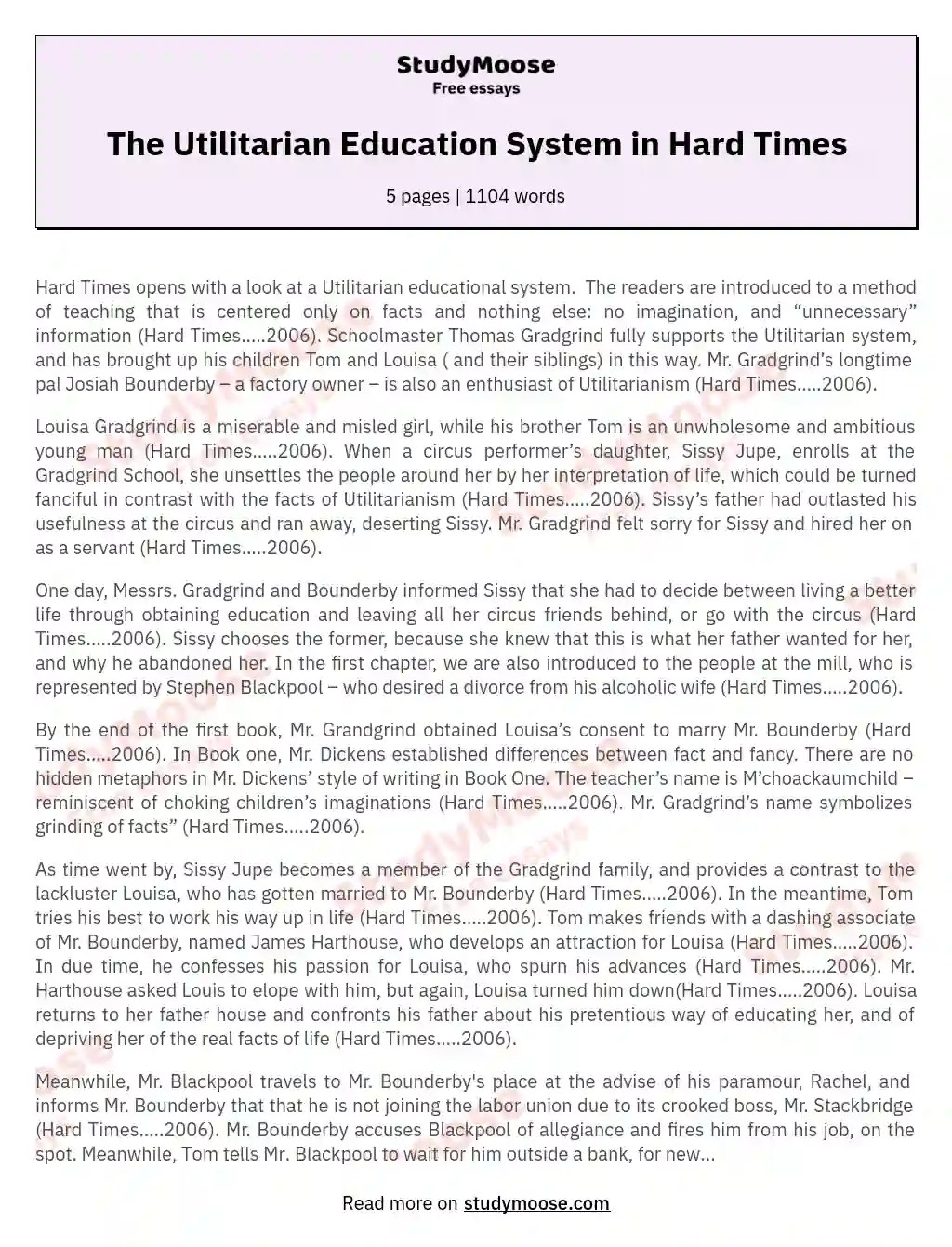 The Utilitarian Education System in Hard Times Free Essay Example