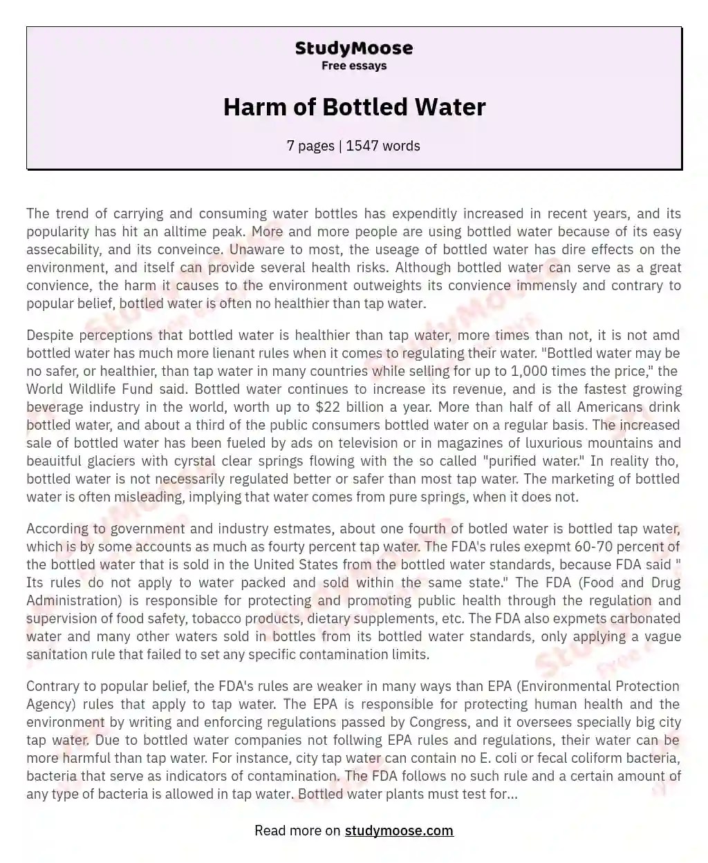 The Harmful Truth Behind Bottled Water Free Essay Example