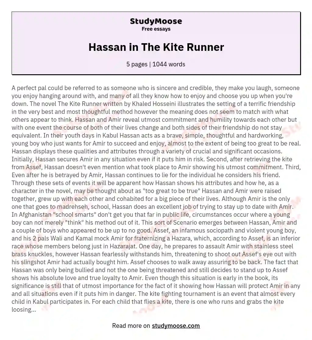 Hassan in The Kite Runner Free Essay Example