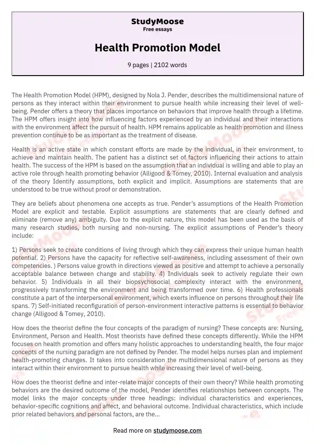 Health Promotion Model Free Essay Example