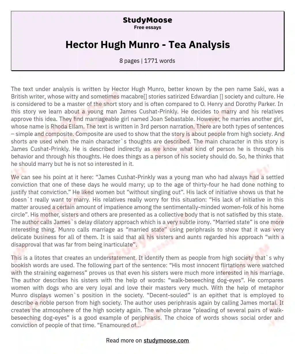 Hector Hugh Munro Tea Analysis Free Essay Example