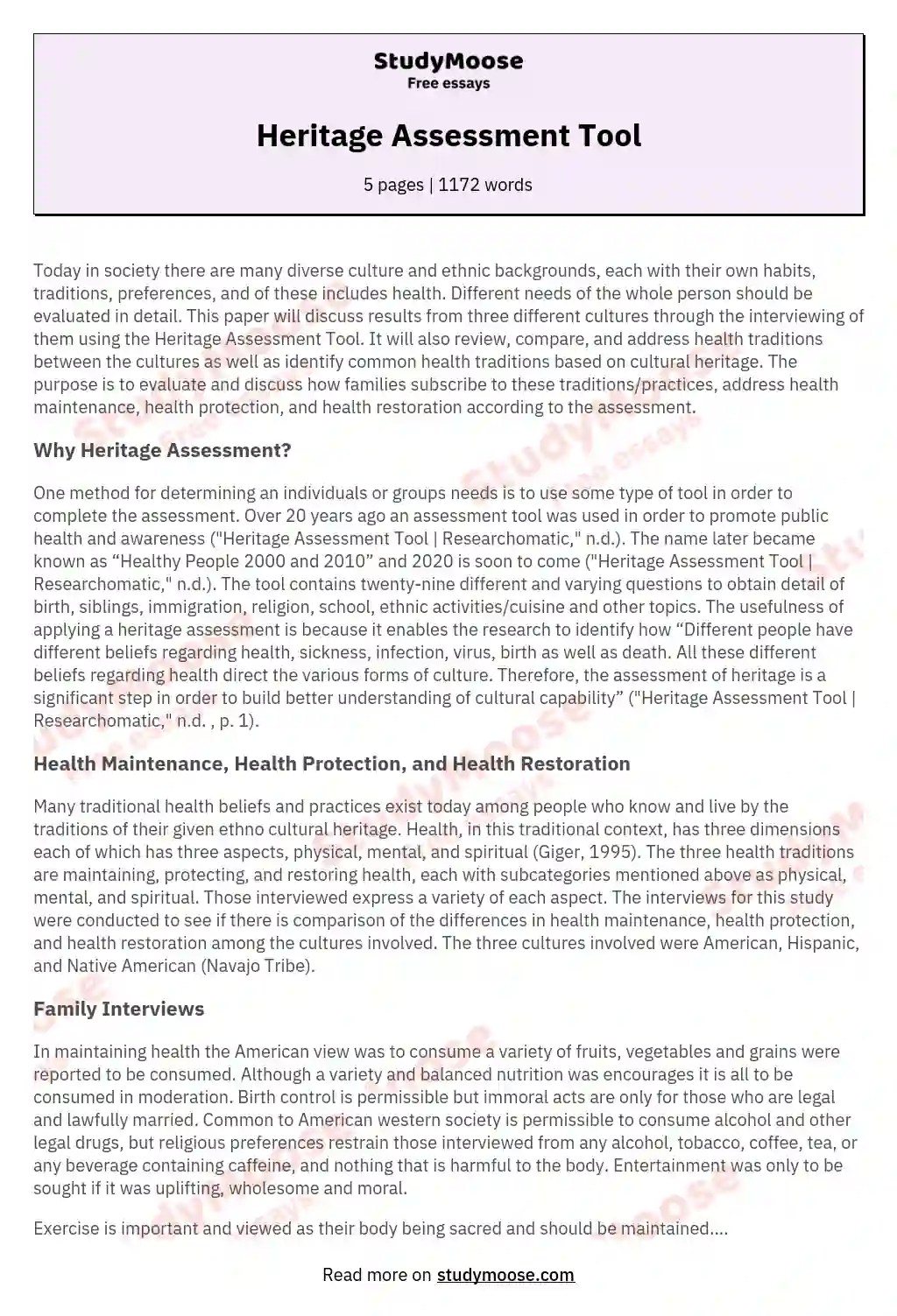 Heritage Assessment Tool Free Essay Example