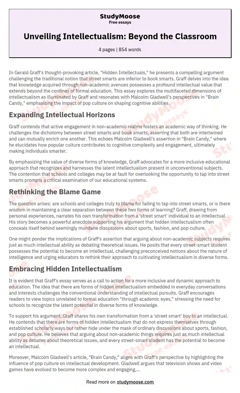 Hidden Intellect Free Essay Example