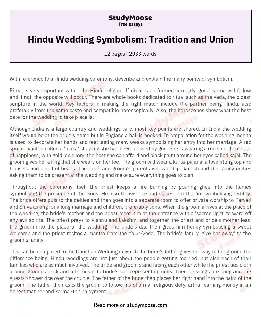 Hindu Wedding Symbolism Tradition and Union Free Essay Example