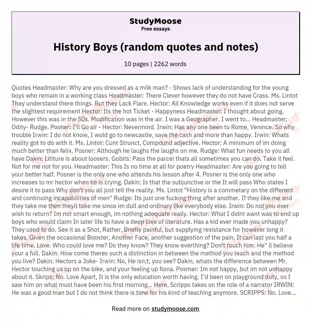 History Boys (random quotes and notes) Free Essay Example