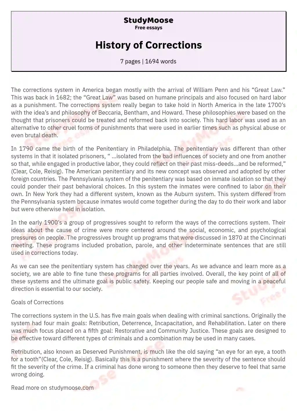 History of Corrections Free Essay Example