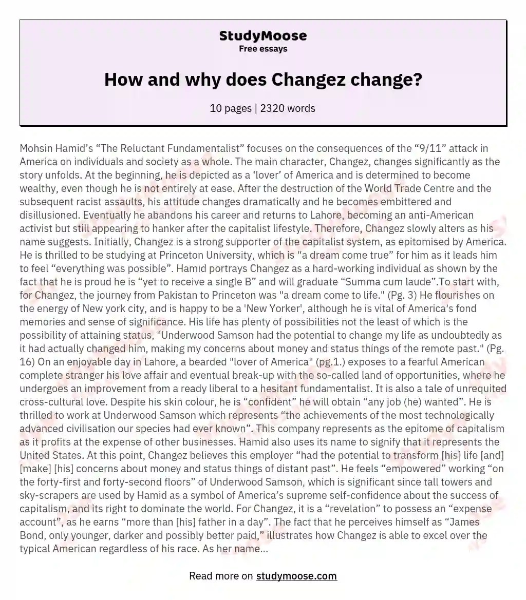 How and why does Changez change? Free Essay Example
