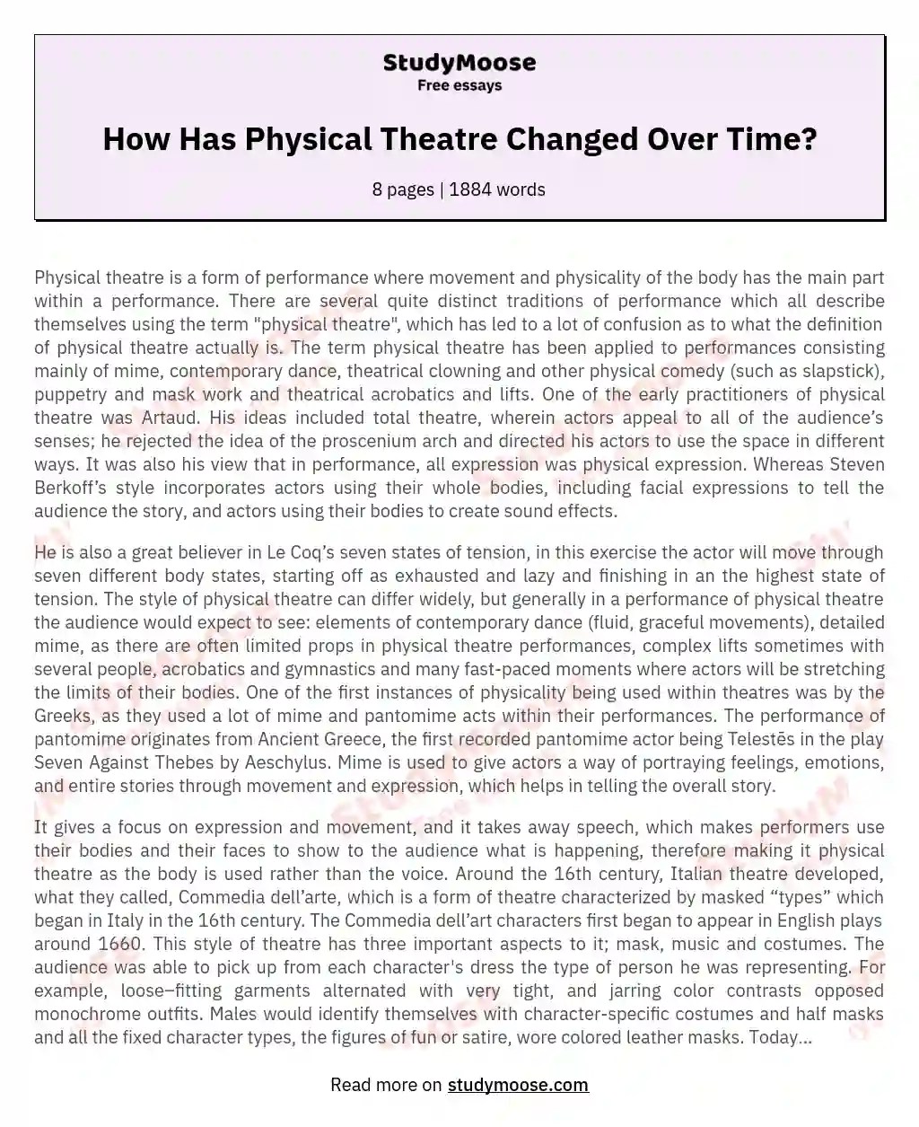 How Has Physical Theatre Changed Over Time? Free Essay Example