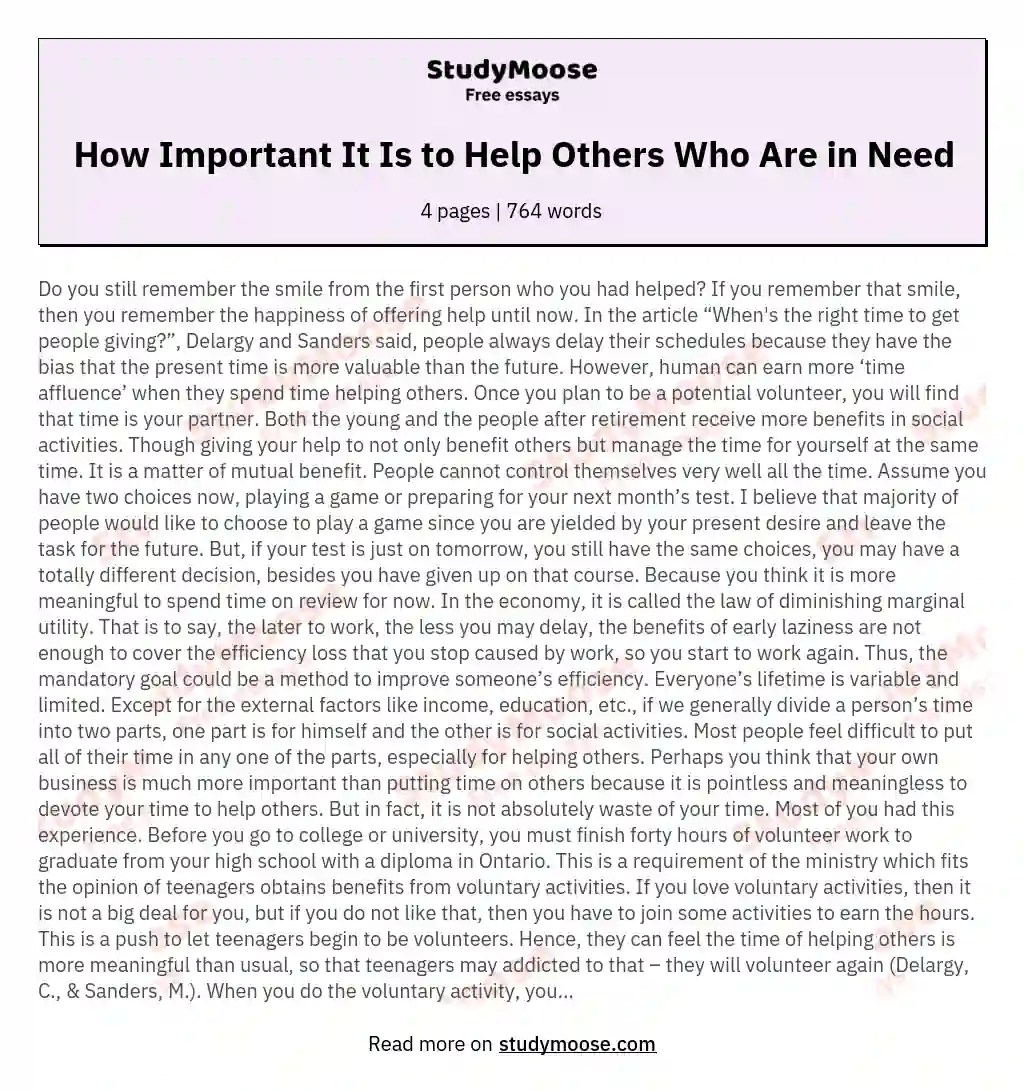 How Important It Is to Help Others Who Are in Need Free Essay Example