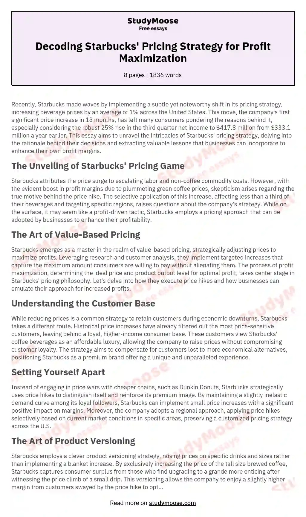 Decoding Starbucks' Pricing Strategy for Profit Maximization Free Essay
