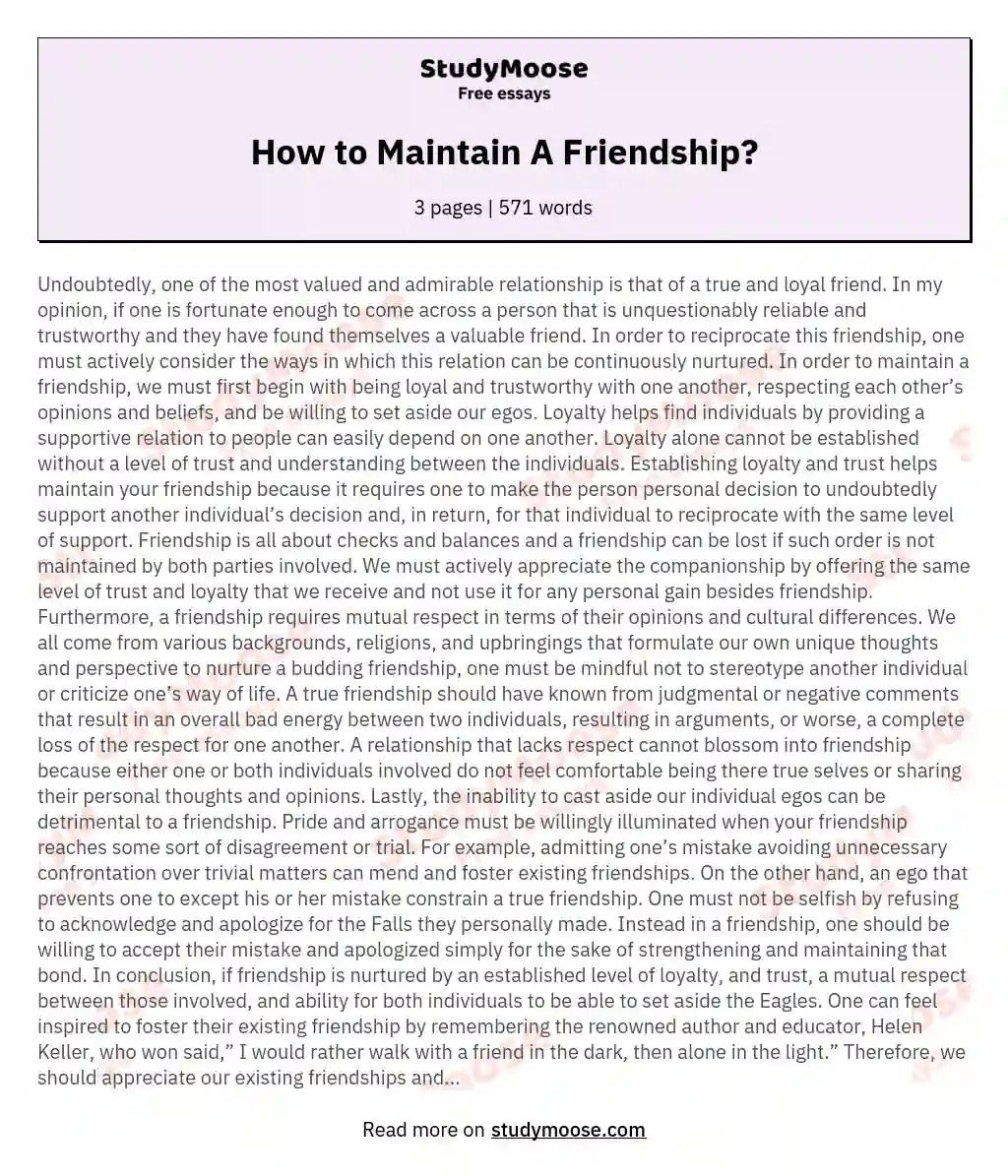 How to Maintain A Friendship? Free Essay Example