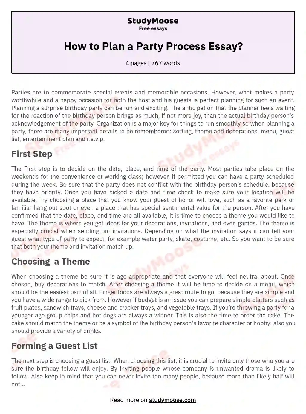 How to Plan a Party Process Essay? Free Essay Example