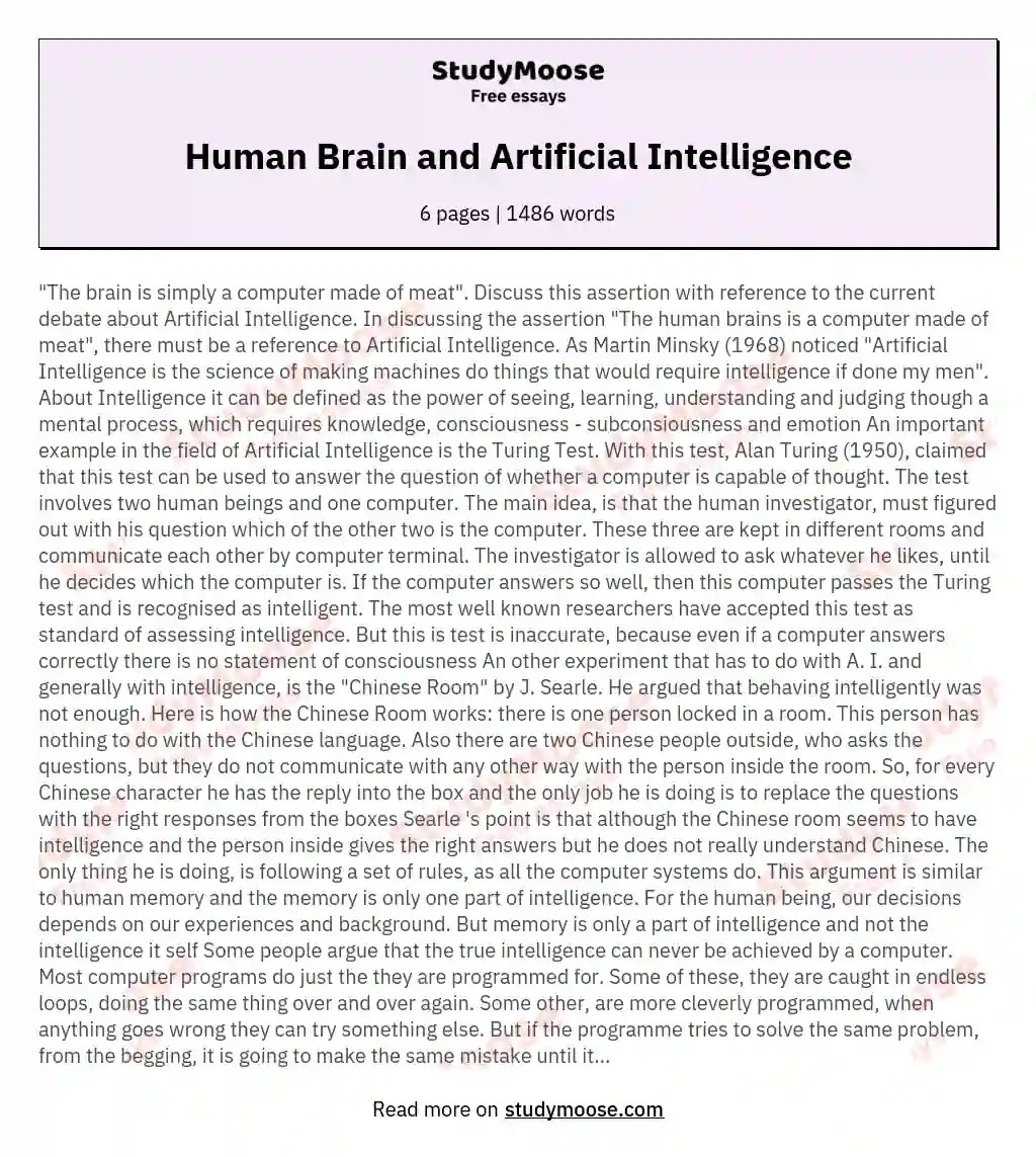 Human Brain and Artificial Intelligence Free Essay Example