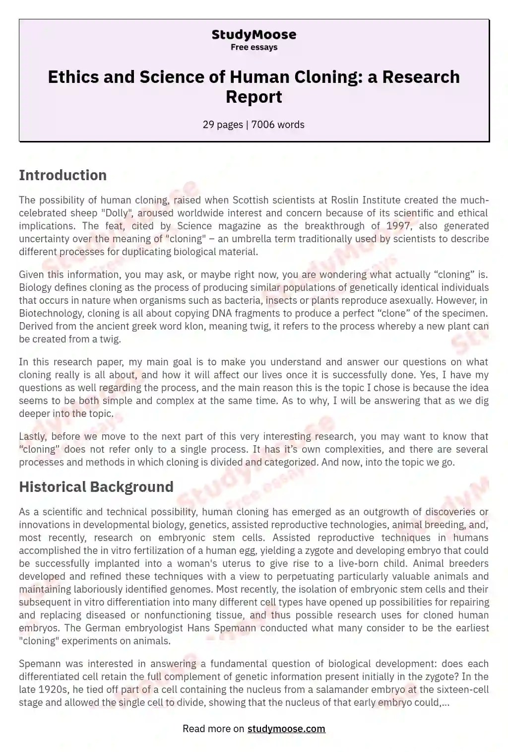 Ethics and Science of Human Cloning a Research Report Free Essay Example