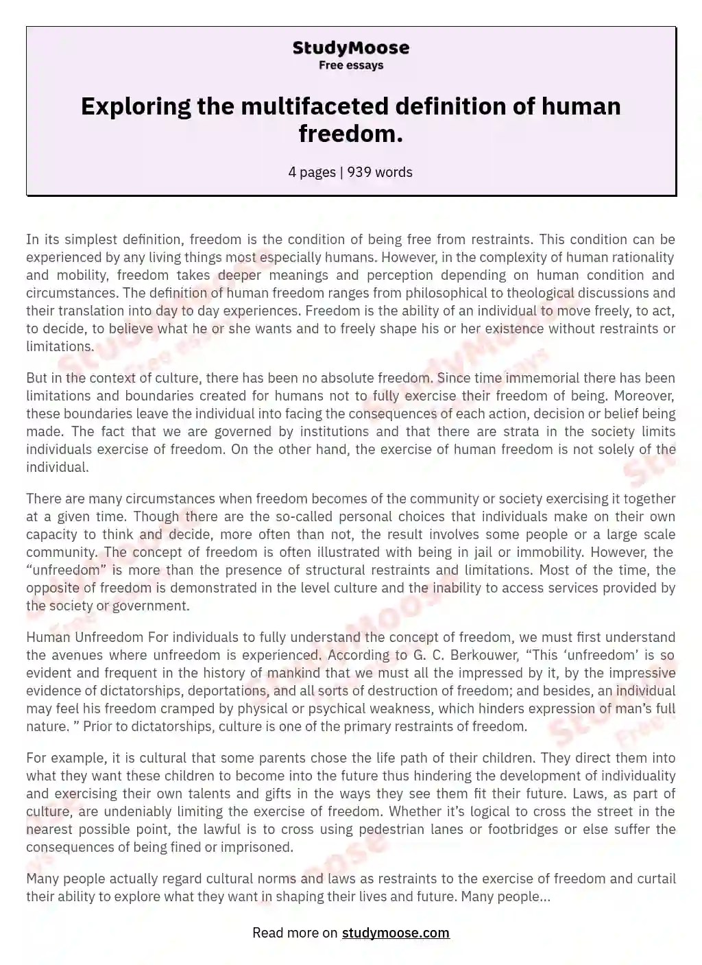 Exploring the multifaceted definition of human freedom. Free Essay Example