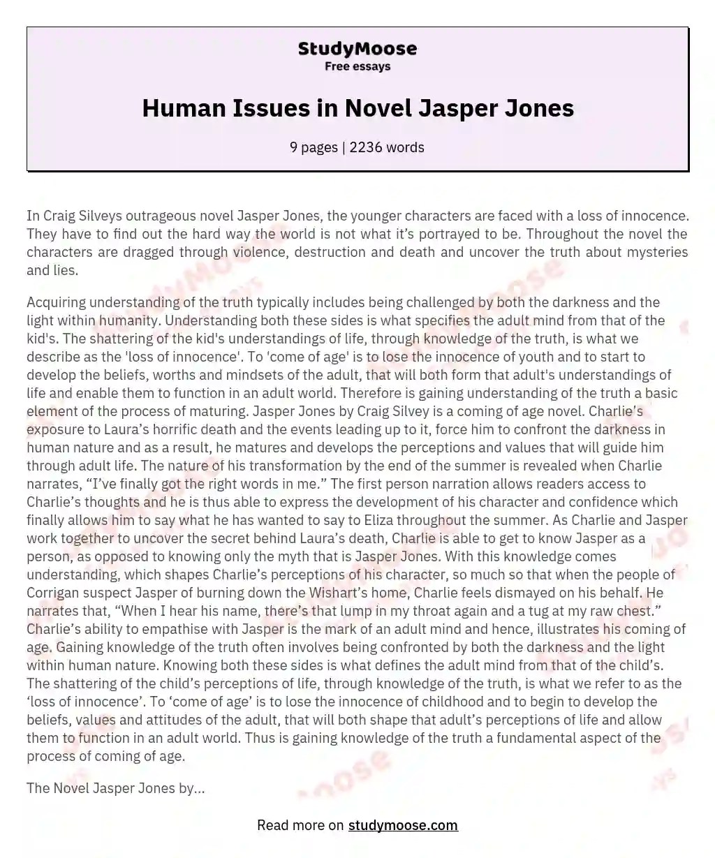 Human Issues in Novel Jasper Jones Free Essay Example
