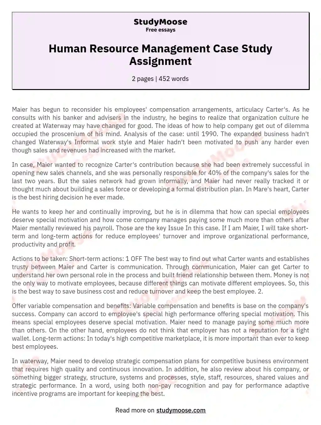 Human Resource Management Case Study Assignment Free Essay Example
