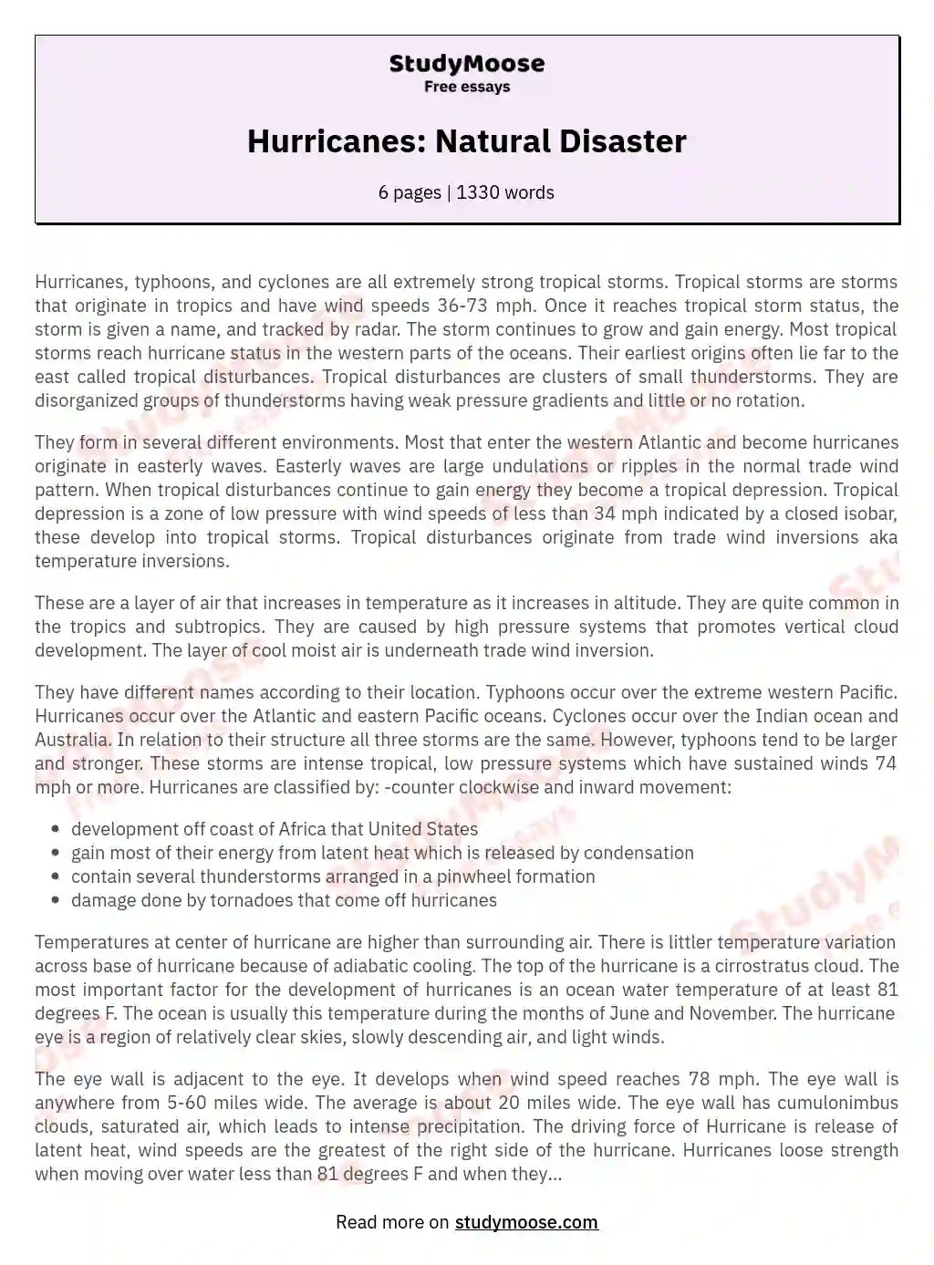 Hurricanes Natural Disaster Free Essay Example