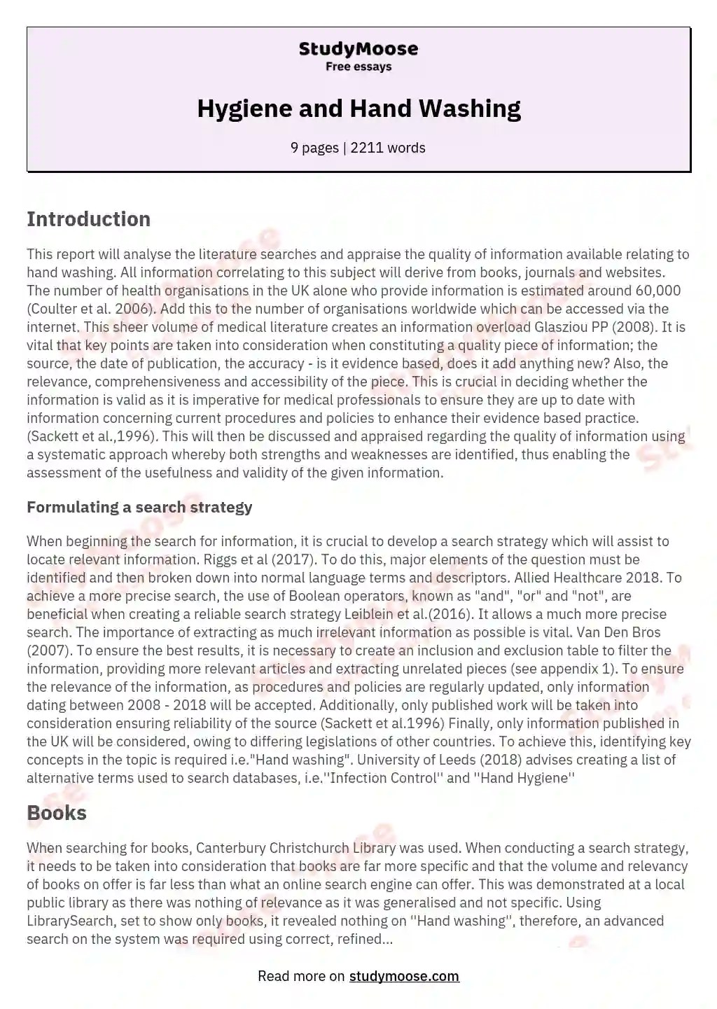 Hygiene and Hand Washing Free Essay Example