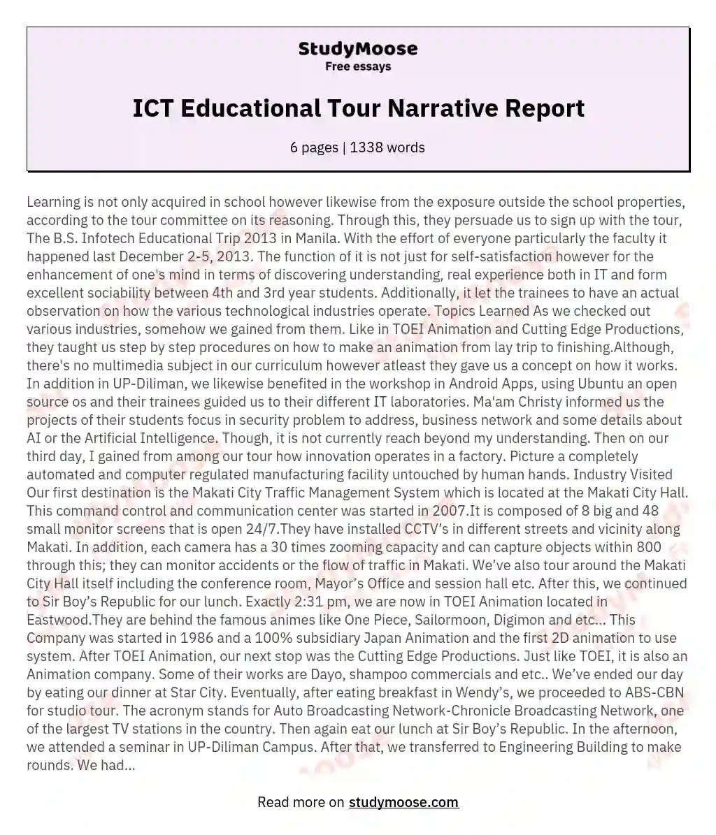 ICT Educational Tour Narrative Report Free Essay Example