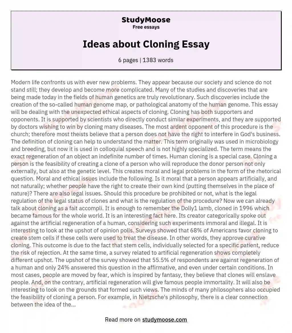 Ideas about Cloning Essay Free Essay Example