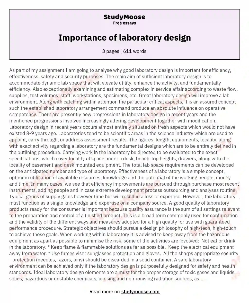 Importance of laboratory design Free Essay Example