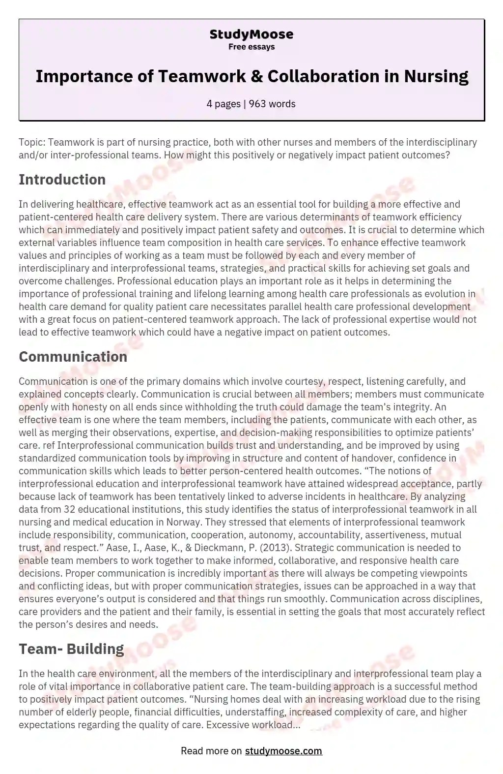 Importance of Teamwork & Collaboration in Nursing Free Essay Example