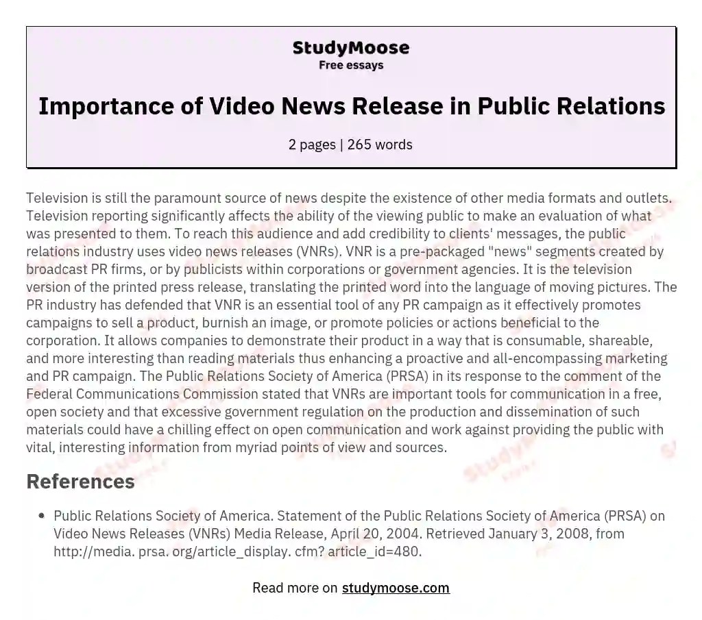 Importance of Video News Release in Public Relations Free Essay Example