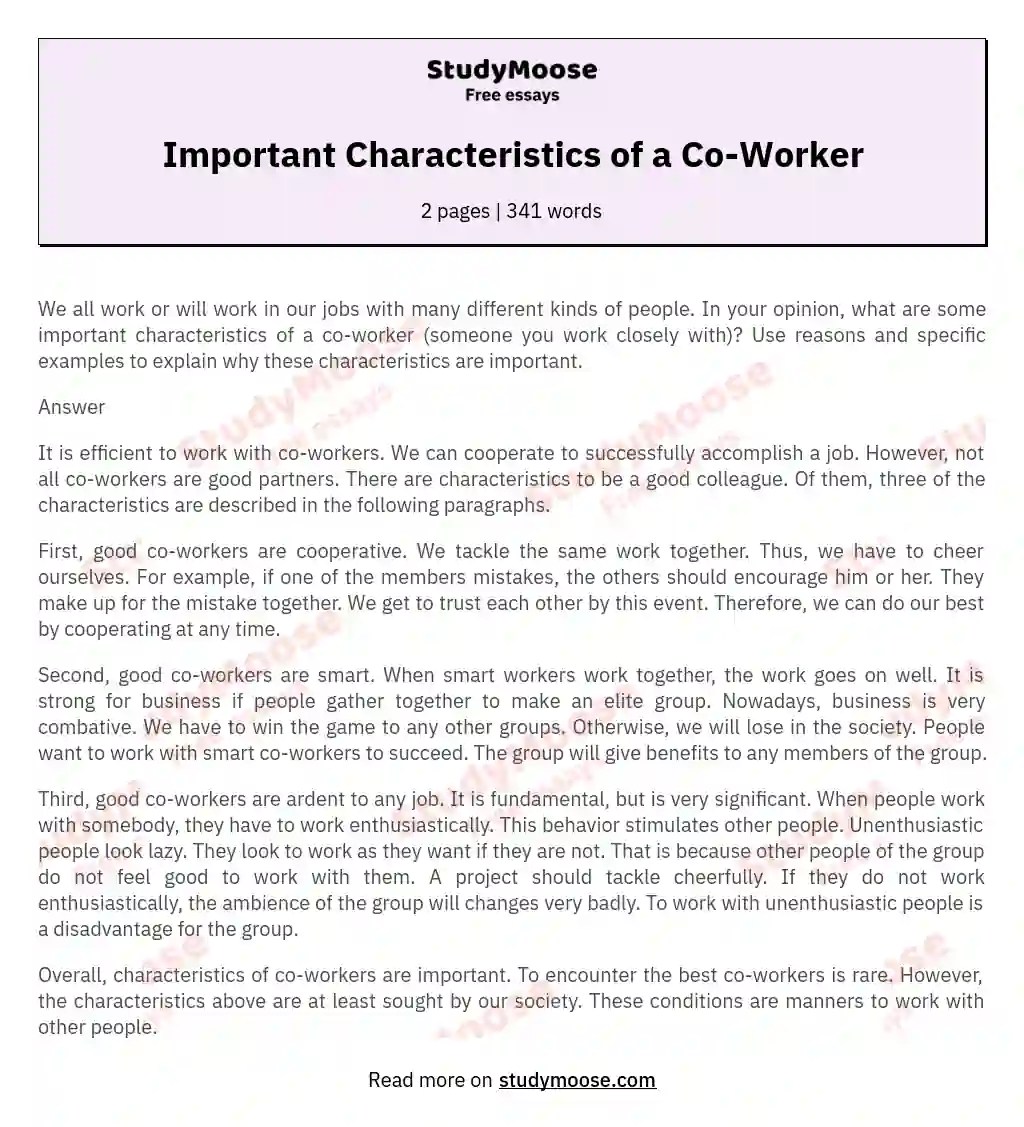 Important Characteristics of a CoWorker Free Essay Example
