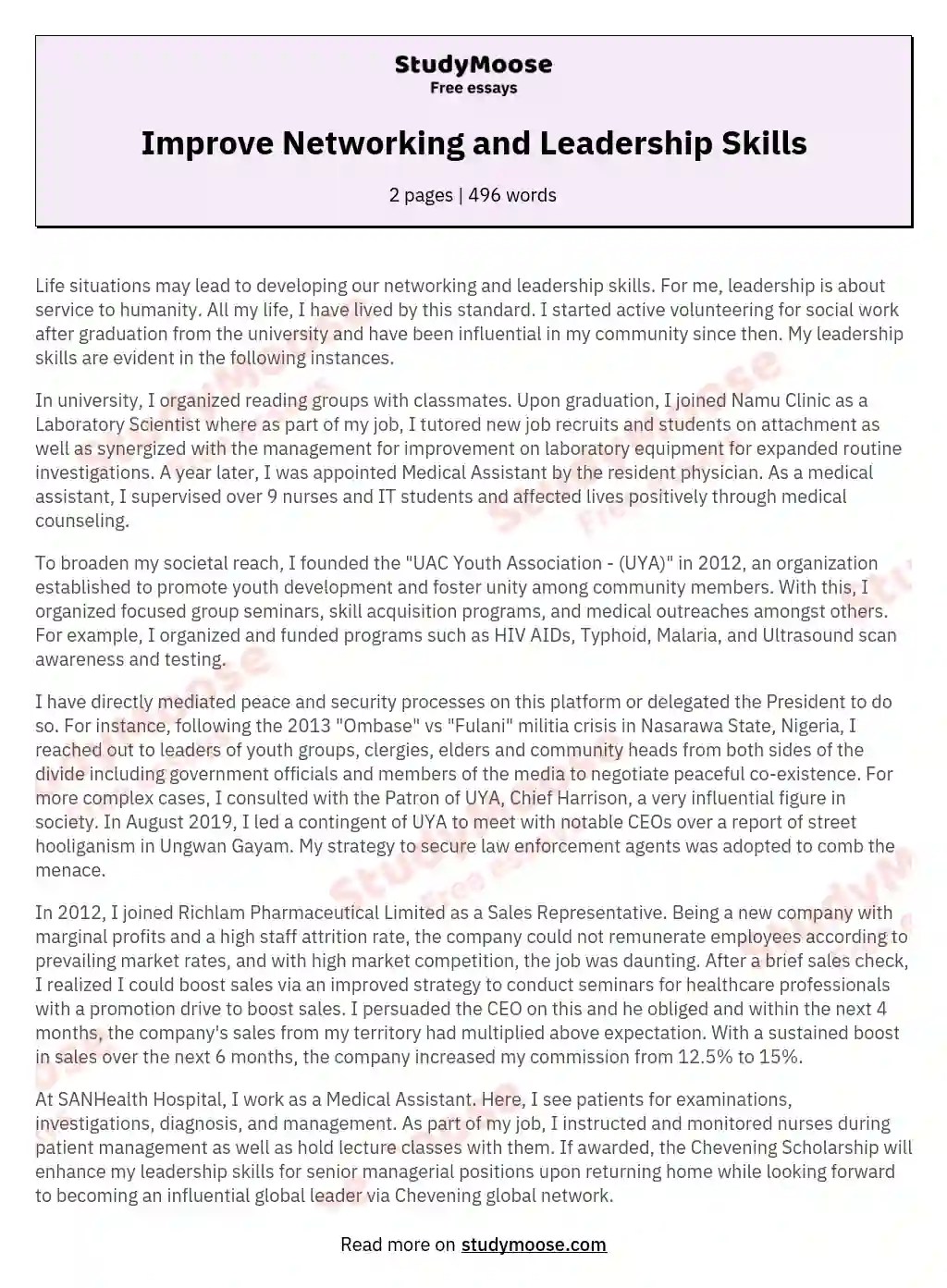 Improve Networking and Leadership Skills Free Essay Example