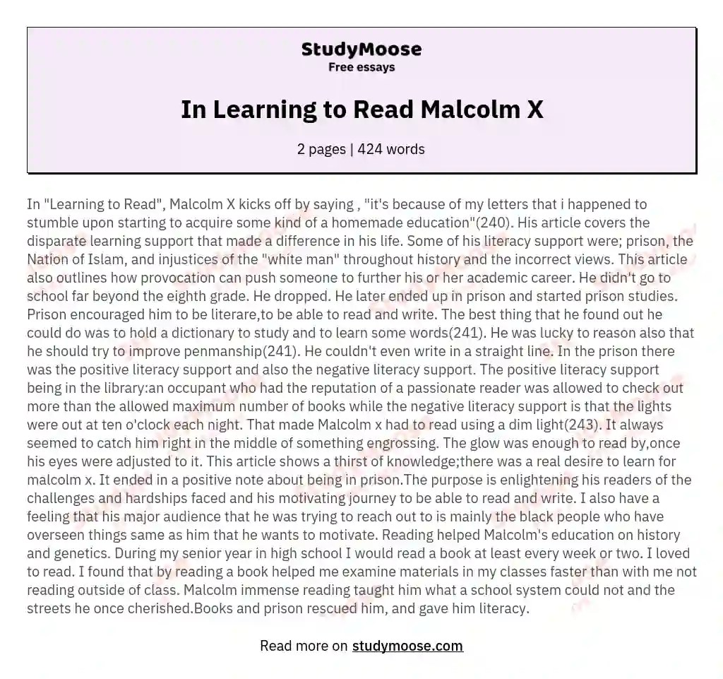 In Learning to Read Malcolm X Free Essay Example