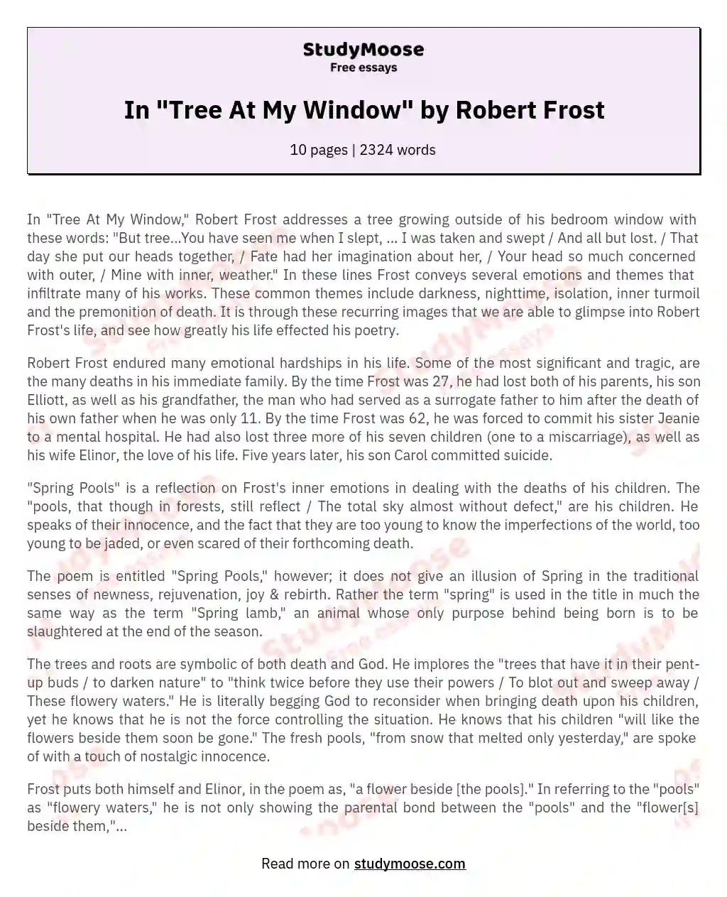 In "Tree At My Window" by Robert Frost Free Essay Example