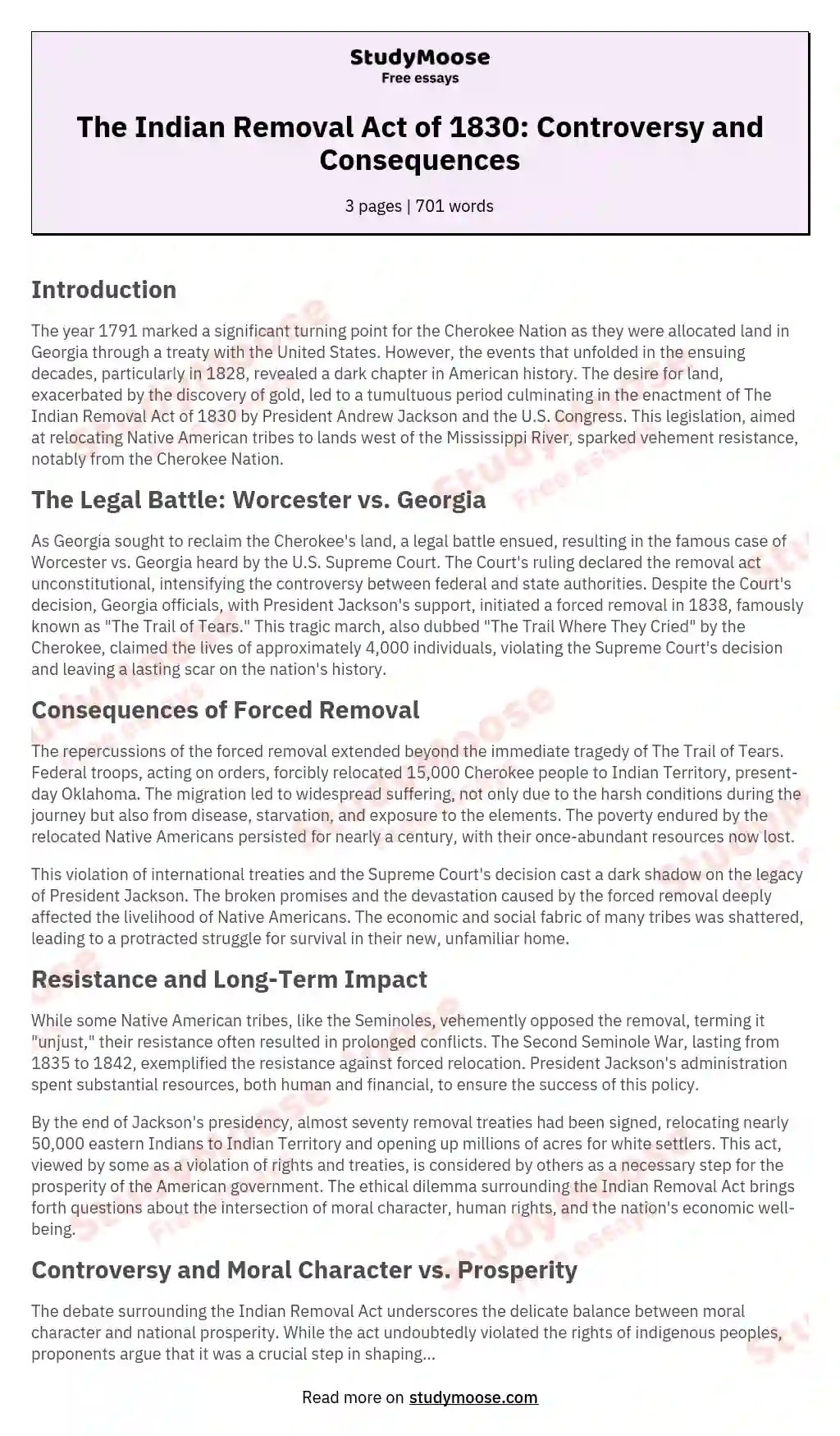 The Indian Removal Act of 1830 Controversy and Consequences Free Essay