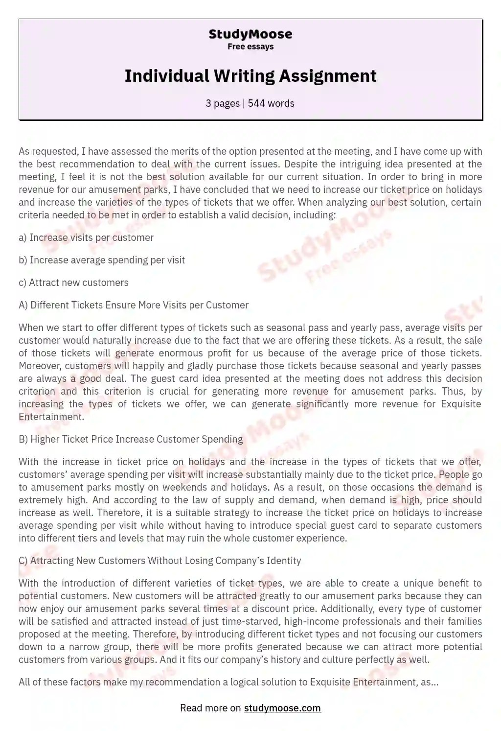 Individual Writing Assignment Free Essay Example